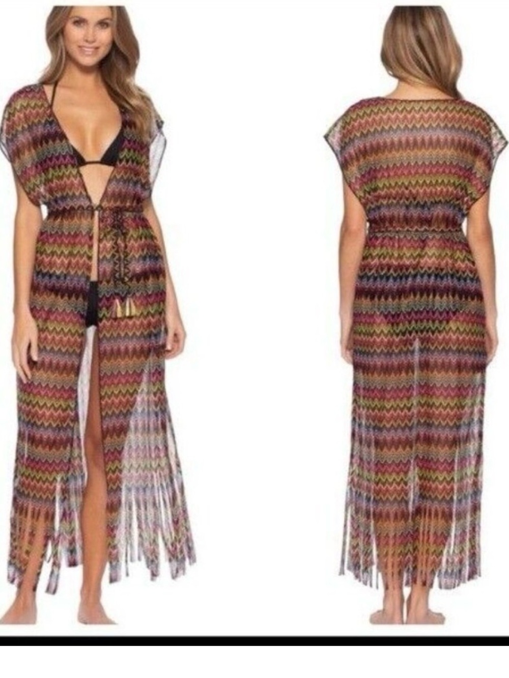 BECCA BY REBECCA VIRTUE KNIT FRINGE SWIMSUIT COVER UP, 2X